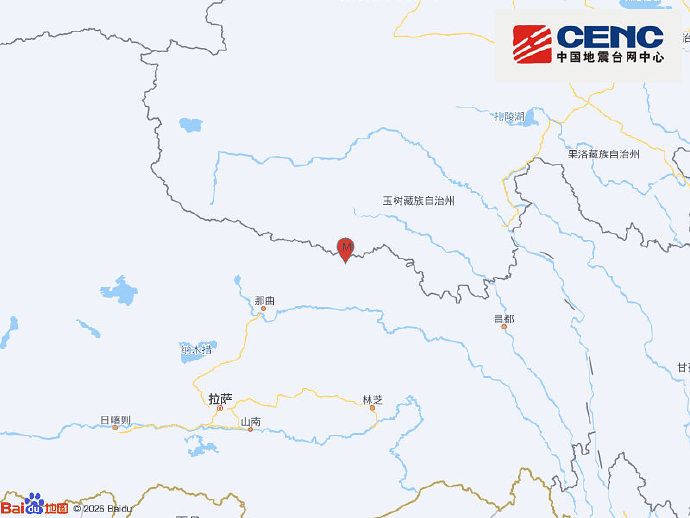   マグニチュード（M）7.0の地震が発生した中国チベット・ナクチュ市の地図。中国地震台網（CENC）