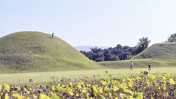韓国・慶州（キョンジュ）の新羅（シルラ）古墳の上で記念撮影をする様子。［写真 オンラインコミュニティー キャプチャー］