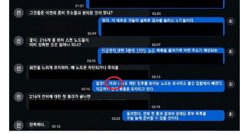 シンガポールのサイバーセキュリティ企業サイファーマが24日に公開した北朝鮮との関係が疑われるハッカーの韓国語対話の様子。北朝鮮式の表記が見られる。［写真 サイファーマ］
