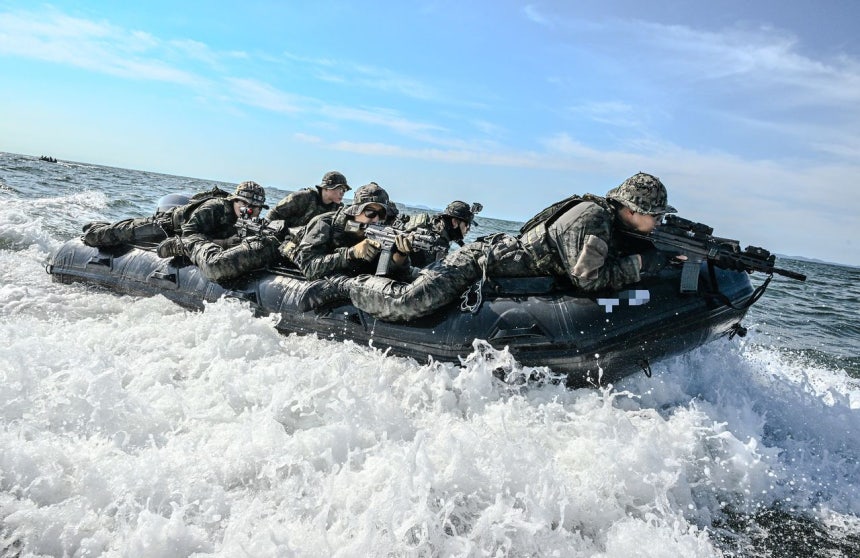 韓国陸軍特殊戦司令部は「2025年のUFS／TIGER」の一環として今年8月、忠清南道泰安郡の安眠島（アンミョンド）にある海上訓練場一帯で「韓米連合海上浸透訓練」を実施した。［ニュース1］