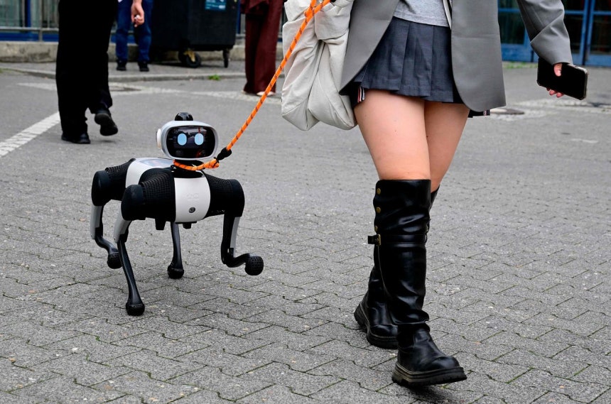 9月4日、ドイツ・ベルリンで開かれた国際コンシューマ・エレクトロニクス展（IFA）で、ロボット犬とともに歩く女性。［AFP＝聯合ニュース］
